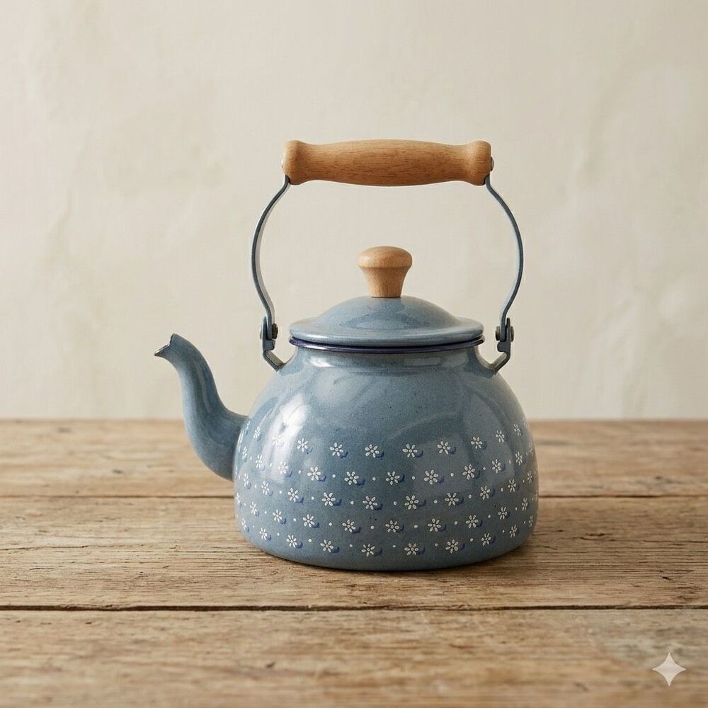 Vintage Himark Enamel Kettle Blue Floral Country Kitchen Teapot Made in Japan